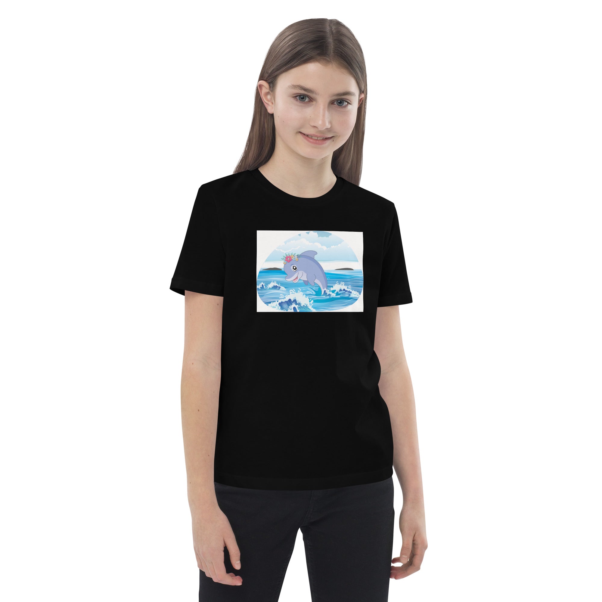 Cute Dolphin Wearing Wreath Flower Organic Cotton Kids T-shirt image 2